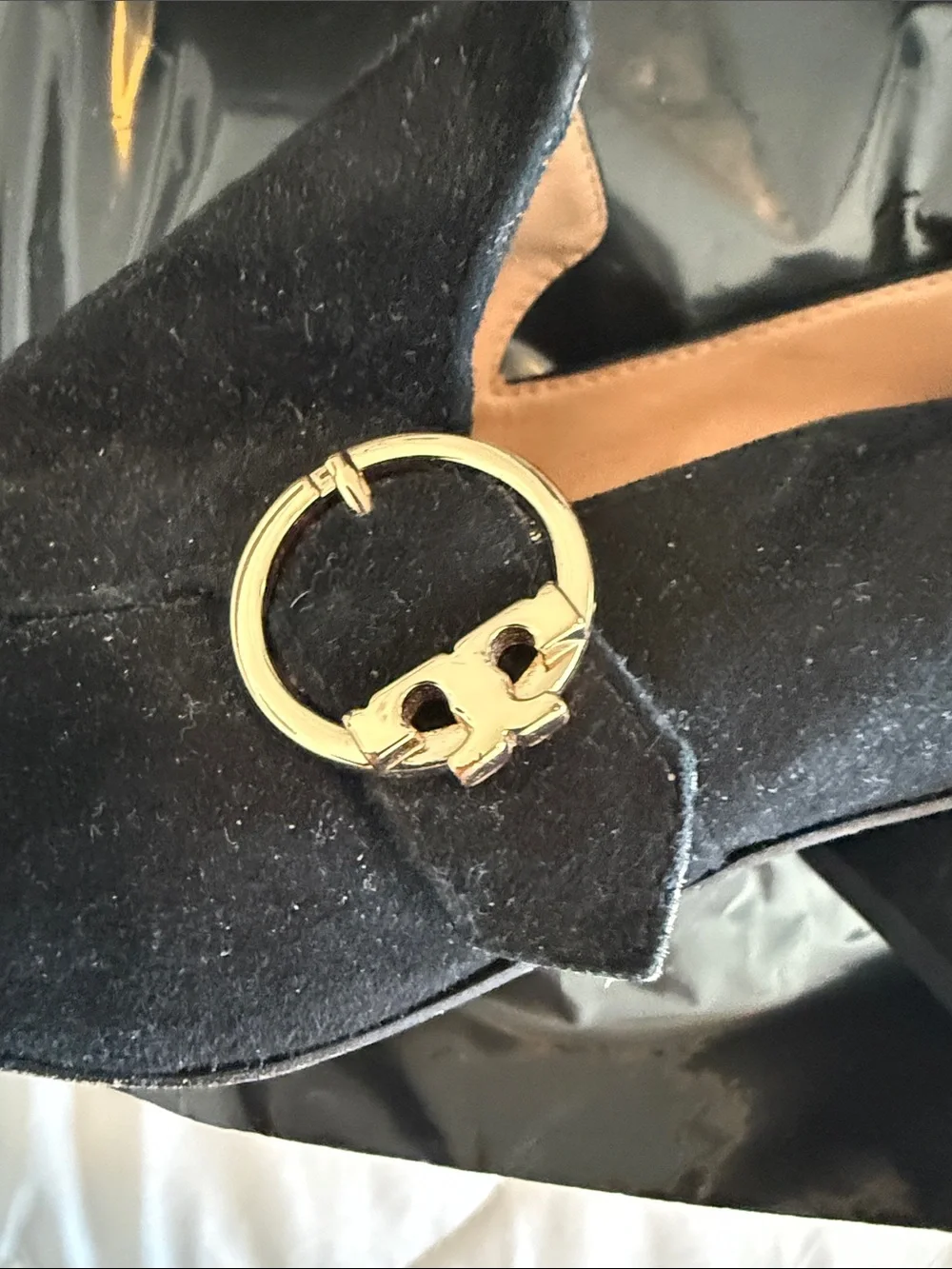 Tory Burch Black Suede Block Heel Loafer with Gold Ring